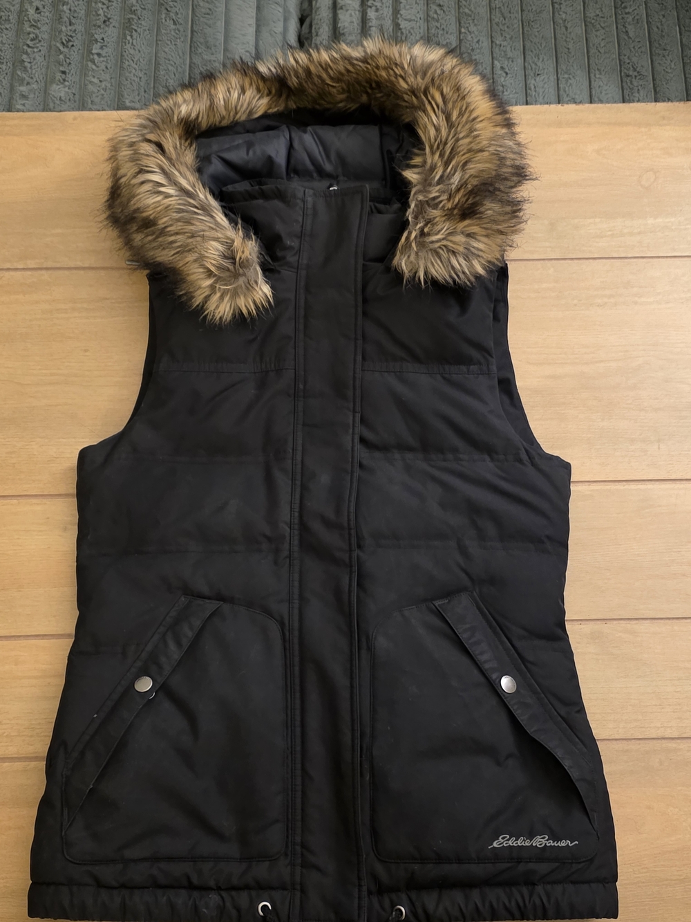 Eddie Bauer Women's Black Puffer Vest with Faux-Fur Hood